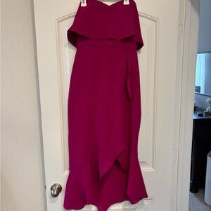 Xscape strapless ruffle high-low crepe gown in fuchsia